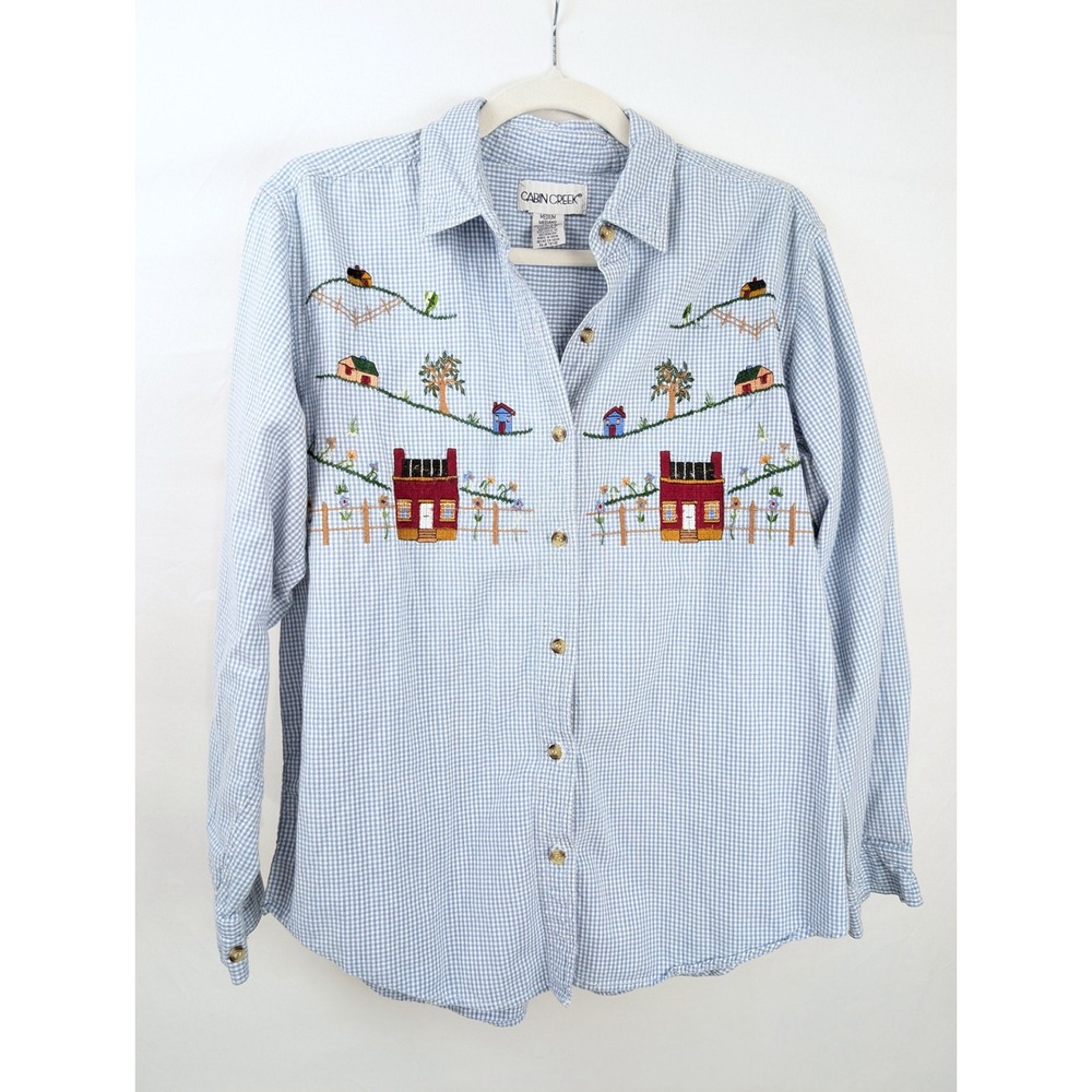 Vintage 90s Floral Embroidered Button Shirt Size M Gingham Cottagecore Folk Art